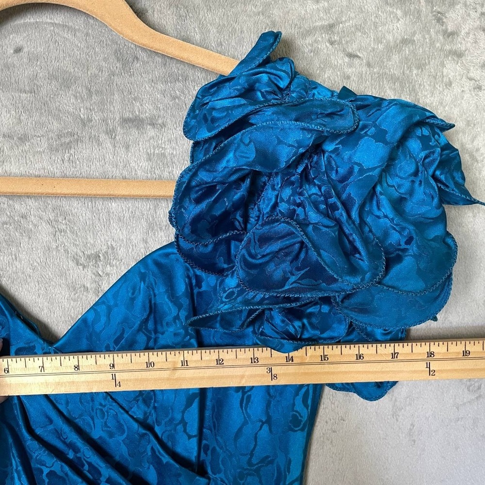 Vintage AJ Bari 100% Silk Teal Floral Ruched Ruffle Sleeve Cocktail Dress Size 8 - Picture 6 of 13
